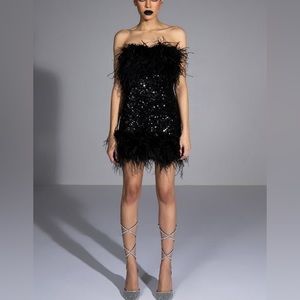 BON ANNIVERSAIRE FEATHER TRIM SEQUIN MINI DRESS IN BLACK Akira